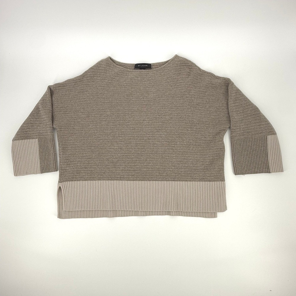 St John Sweater‎ Womens Medium Taupe Wool Cashmere Ribbed Boxy Boat Neck Good